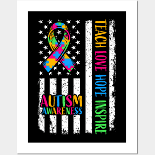 Autism Awareness Ribbon Mom Dad American Flag Autism Posters and Art